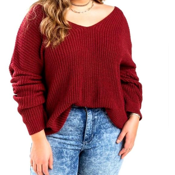 Plus-size Burgundy Twist-back Sweater - Picture 2 of 5